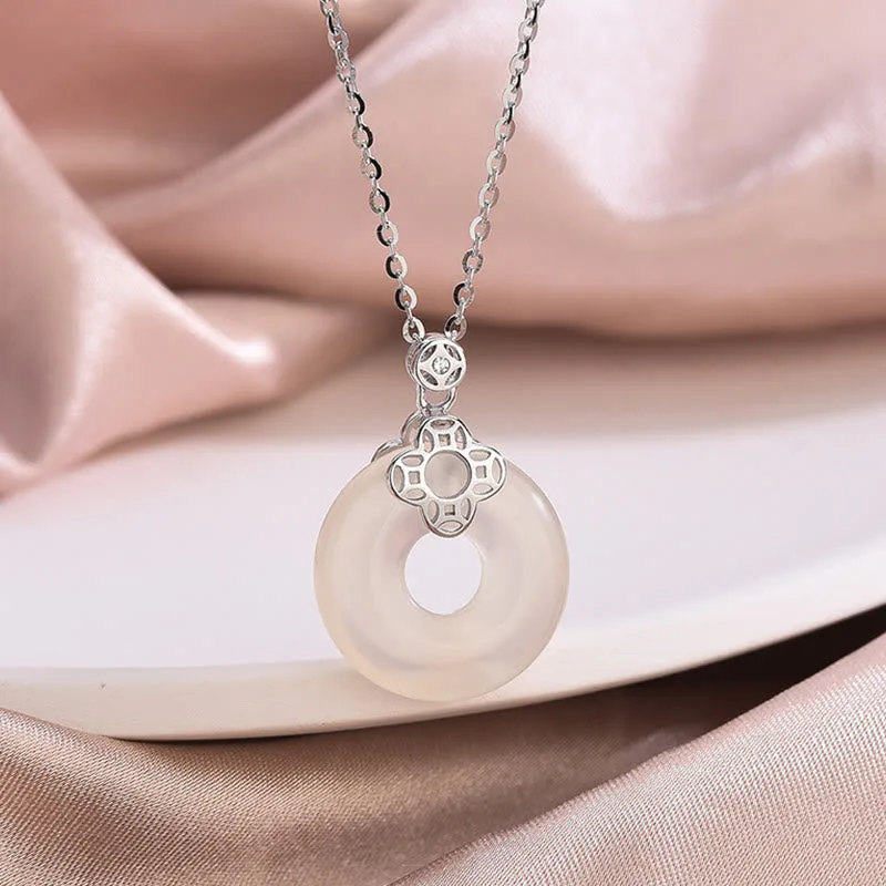 Mythstone 925 Sterling Silver Natural Hetian White Jade Chalcedony Coin Peace Buckle Luck Necklace Pendant - Image 9