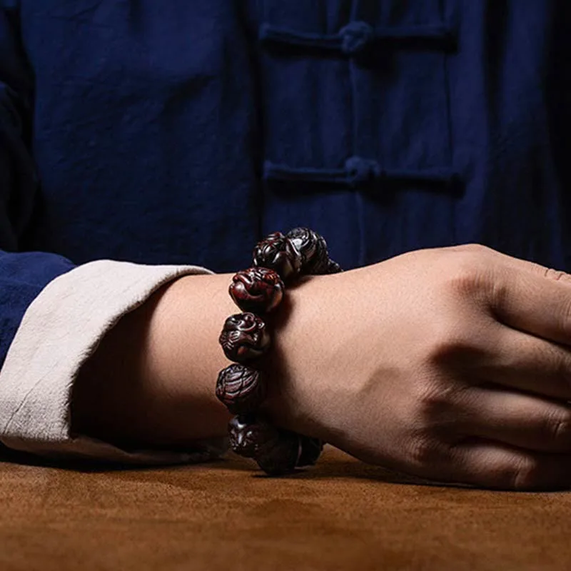 Mythstone Chinese Zodiac Engraved Small Leaf Red Sandalwood Protection Bracelet - Image 12