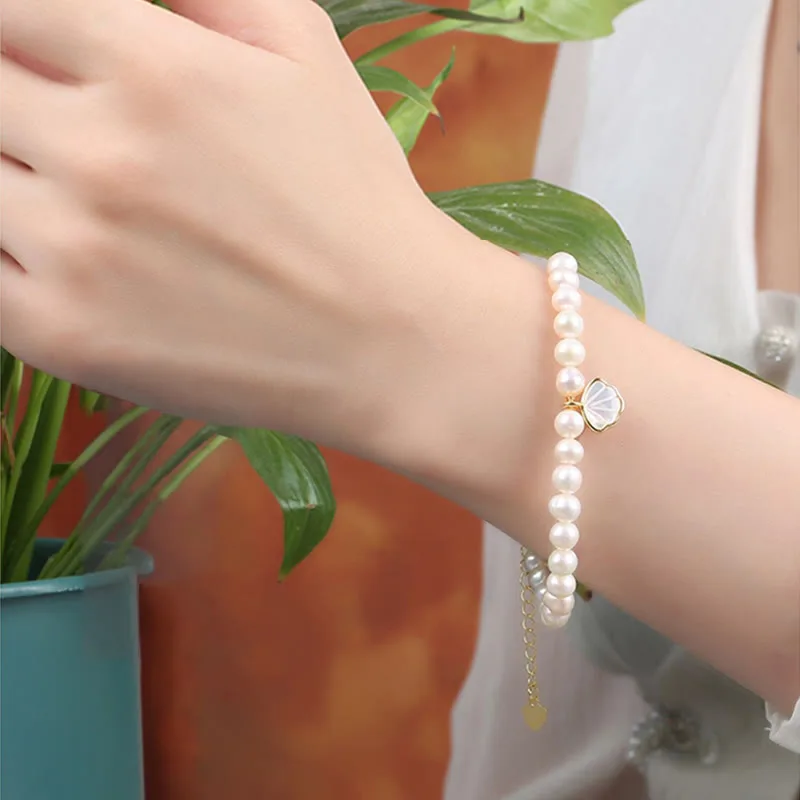 Mythstone 14K Gold Plated Natural Pearl Crystal Shell Charm Bead Bracelet - Image 11