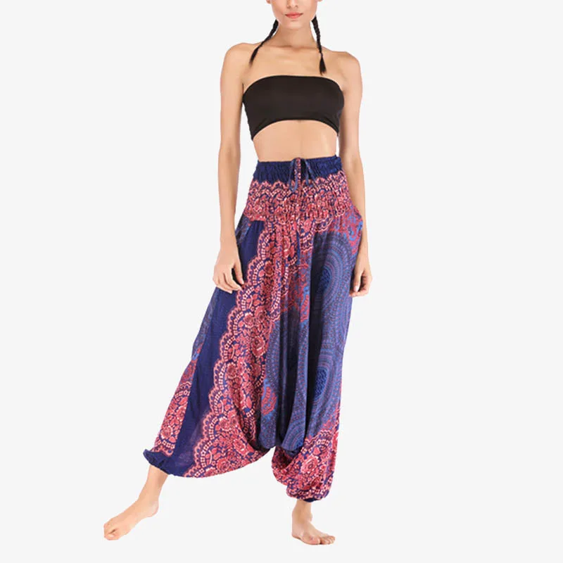 Mythstone Two Style Wear Round Geometric Pattern Loose Smocked Harem Trousers Jumpsuit High Waist Women's Yoga Pants - Image 15