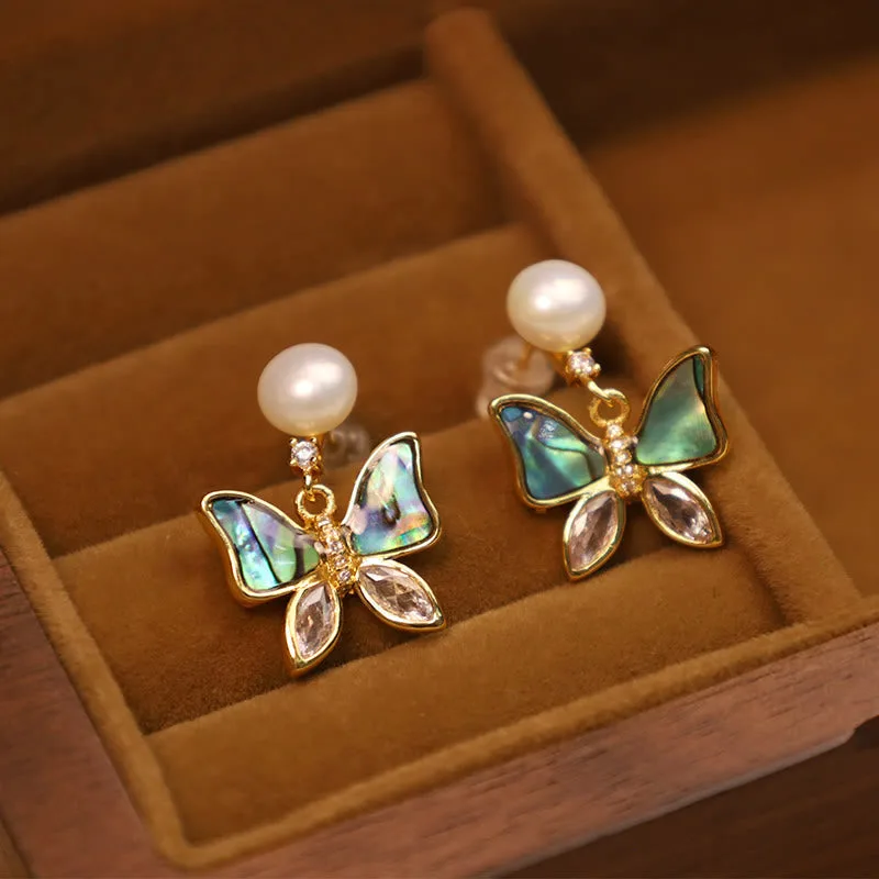 Mythstone 18K Gold Plated Copper Natural Shell Pearl Butterfly Sincerity Stud Earrings - Image 2