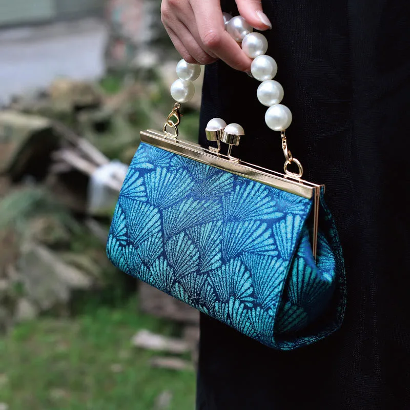 Mythstone Vintage Peacock Blue Leaf Pattern Pearl Metal Handbag - Image 2
