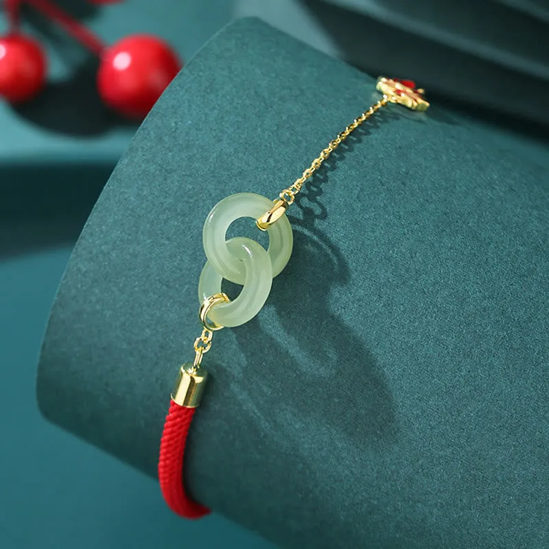 Mythstone 925 Sterling Silver Hetian Jade Double Peace Buckle Lotus Luck Bracelet - Image 2