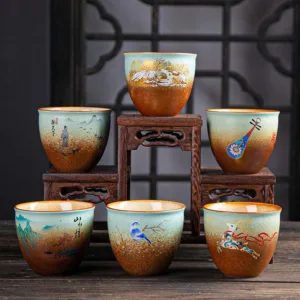 Mythstone Colorful Deer Pipa Snow Plum Blossoms Mountains Rivers Bird Ceramic Teacup Kung Fu Tea Cup Bowl