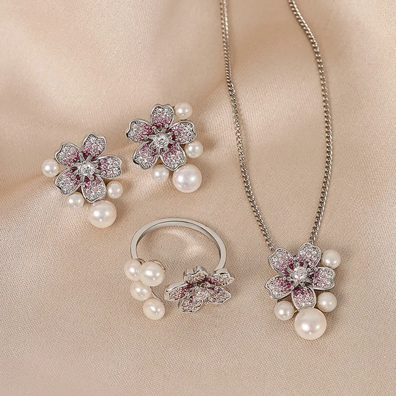 Mythstone Cherry Blossom Sakura Design Pearl Healing Necklace Pendant Ring Earrings Set