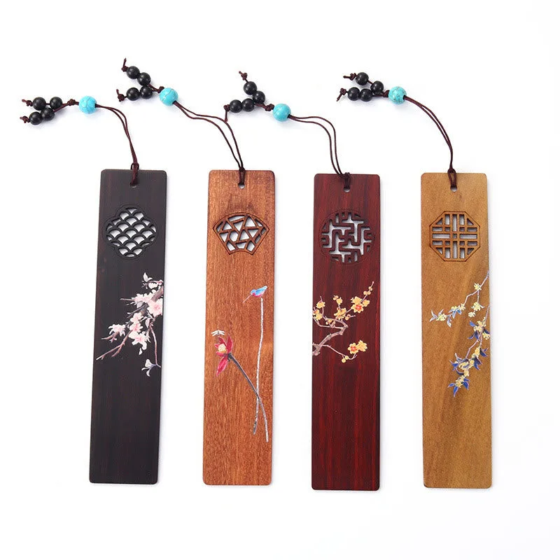Mythstone 4Pcs Four Seasons Plum Orchid Bamboo Chrysanthemum Peking Opera Mask Wood Bookmarks With Gift Box - Image 15
