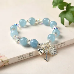 Mythstone 925 Sterling Silver Natural Aquamarine Serenity Flower Love Key Charm Bracelet