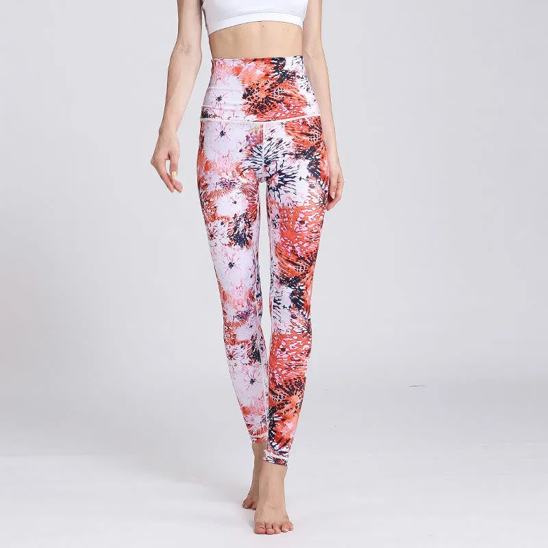 Mythstone Red Pink Flowers Print Sports Fitness Yoga High Waist Leggings Women's Yoga Pants - Image 2