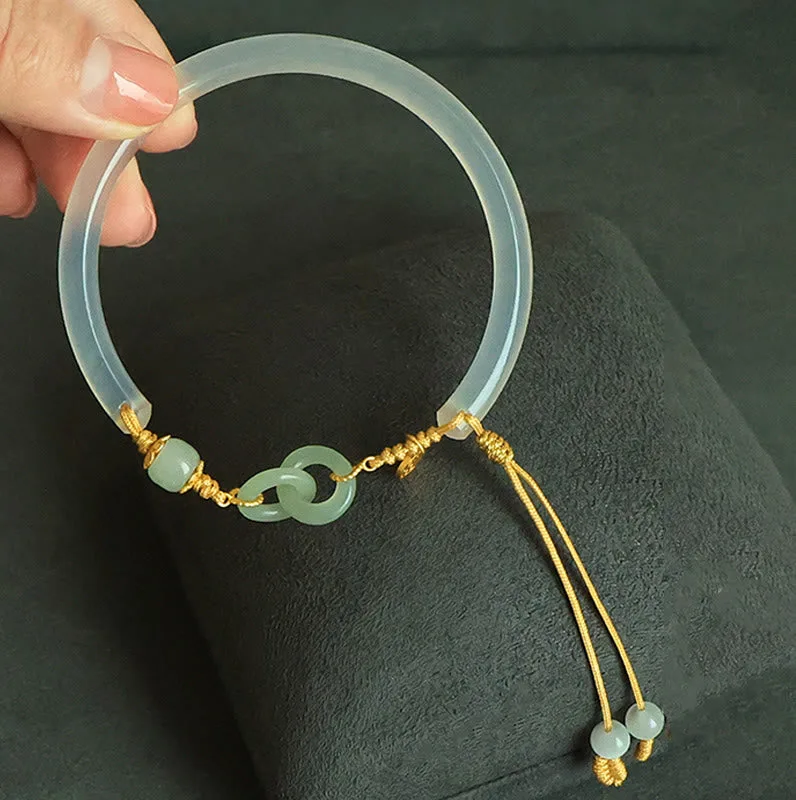 Mythstone 925 Sterling Silver Natural White Agate Hetian Jade Double Peace Buckle Fu Character Bracelet Bangle - Image 4