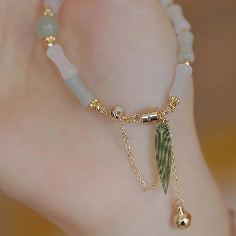Mythstone 14K Gold Plated Hetian White Jade Bamboo Leaf Luck Protection Bracelet - Image 8