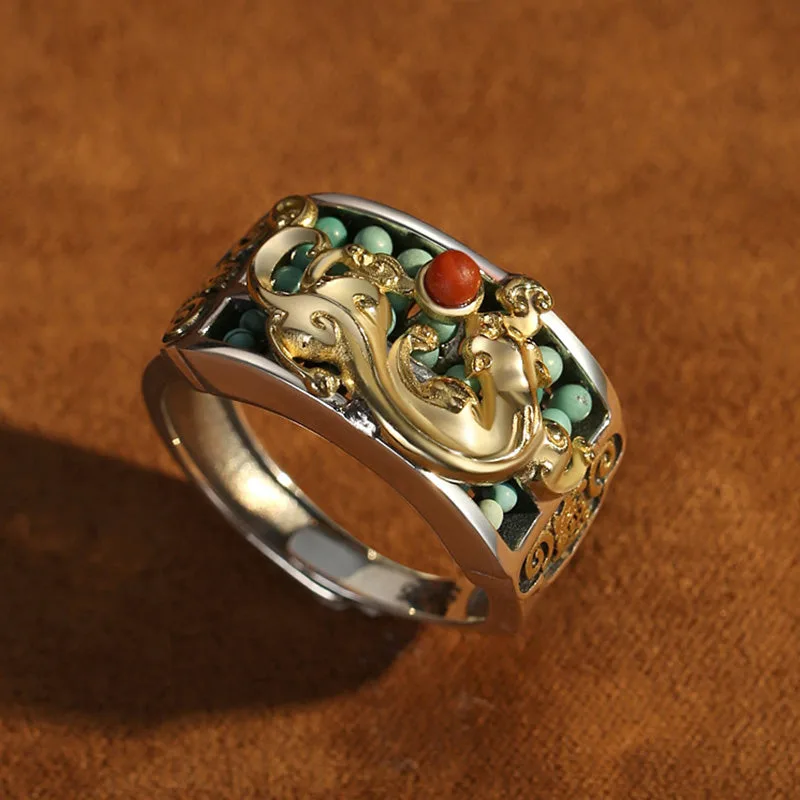 Mythstone 925 Sterling Silver Turquoise Red Agate PiXiu Abacus Protection Ring - Image 10