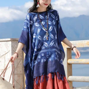 Mythstone Blue Flower Indigo Dyeing Shawl Tassels Cozy Pullover 90*95cm