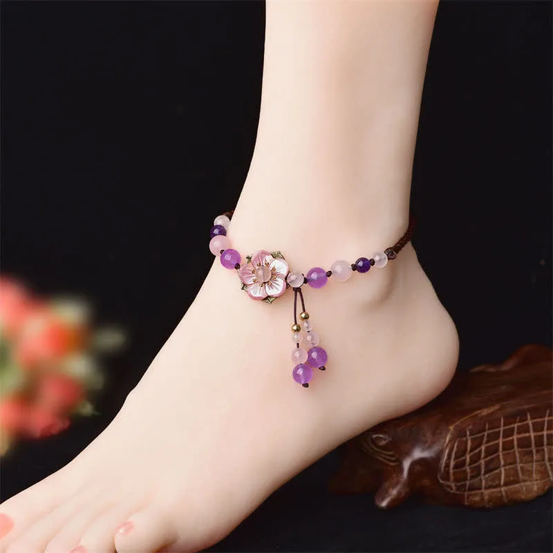 Mythstone Natural Amethyst Rose Quartz Crystal Charm Lucky Healing Anklet - Image 3