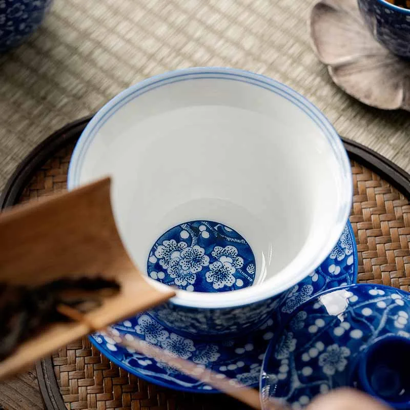 Mythstone Plum Blossom Blue And White Porcelain Ceramic Gaiwan Sancai Teacup Kung Fu Tea Cup And Saucer With Lid 185ml - Image 4