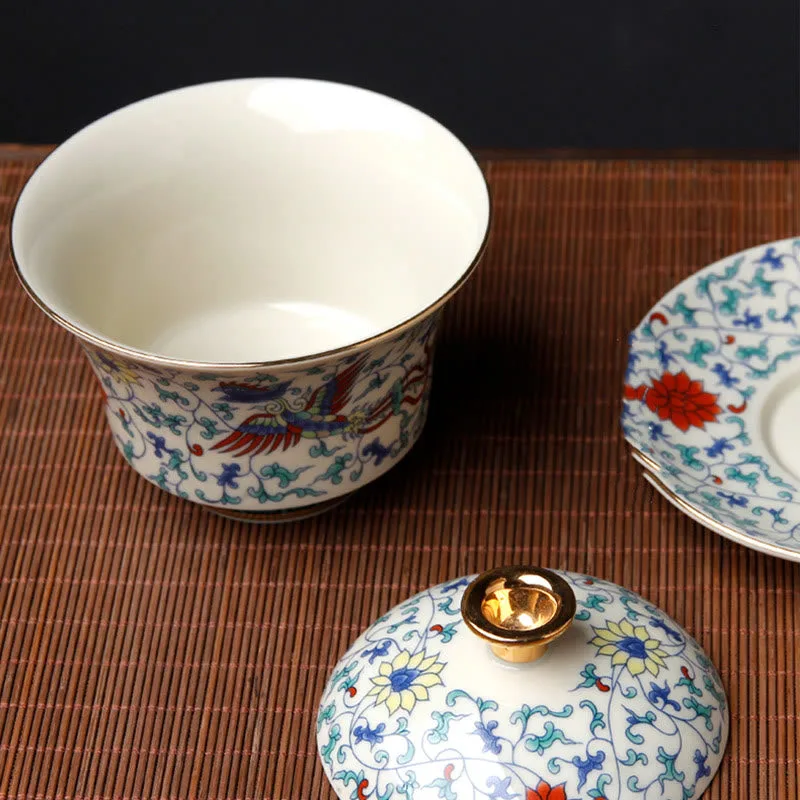 Mythstone Retro Plum Blossom Pine Bamboo Phoenix Kirin Ceramic Gaiwan Sancai Teacup Kung Fu Tea Cup and Saucer with Lid - Image 8