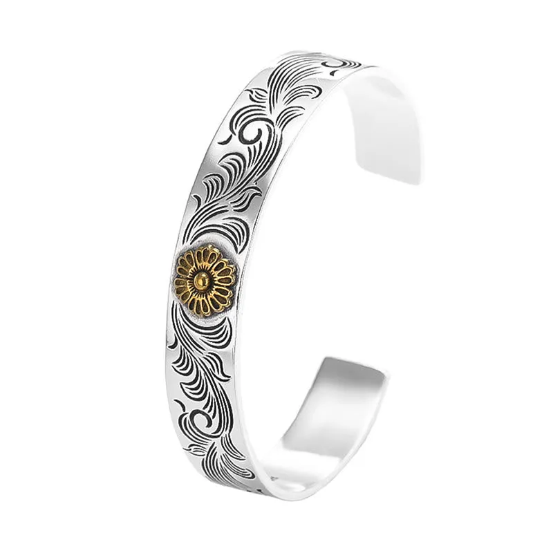 Mythstone Tang Dynasty Flower Design Rose Flower Feather Carved Copper Luck Bracelet Bangle - Image 4