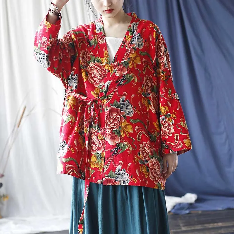 Mythstone Ethnic Style Northeast Red Flower Peony Print Cotton Linen Lace Up Jacket - Image 2