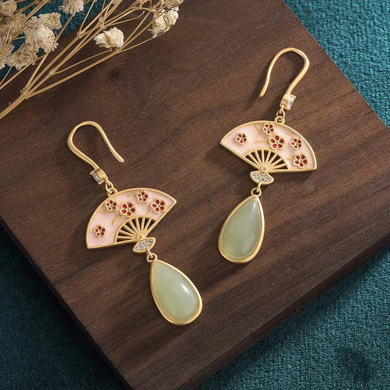 Mythstone Natural Green Aventurine Fan Pattern Luck Drop Earrings - Image 8
