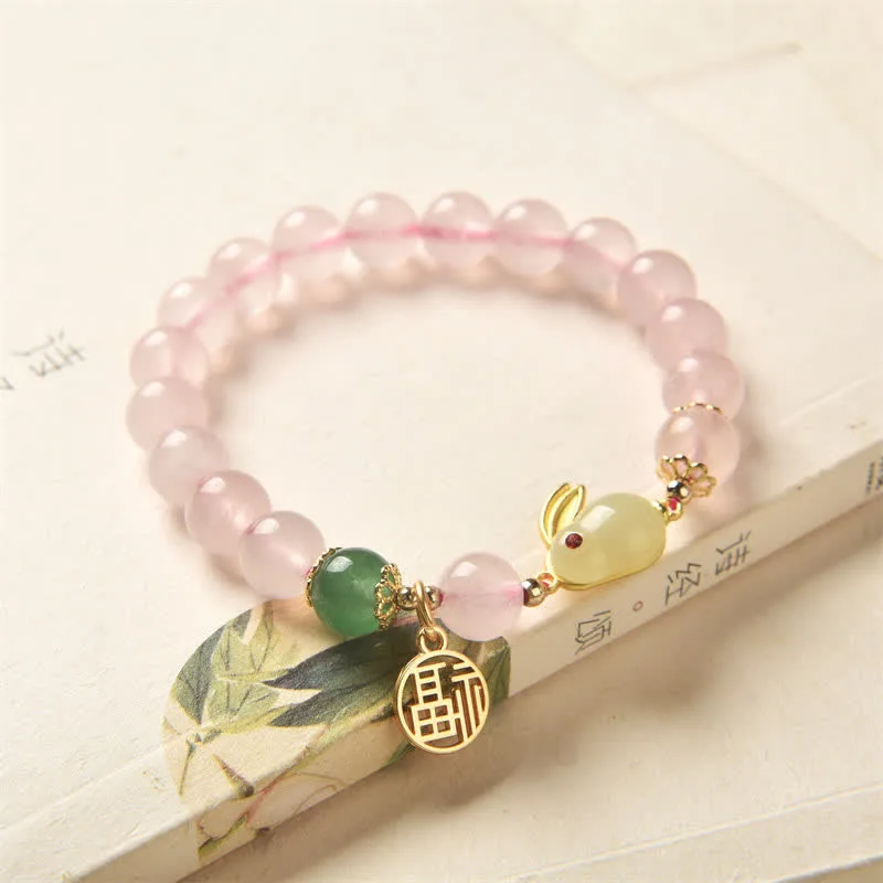 Year of the Rabbit Natural Pink Crystal Green Agate Bunny Love Happiness Bracelet - Image 2