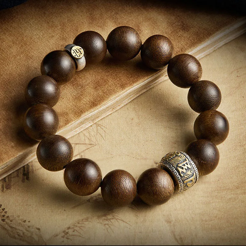 Mythstone Chinese Zodiac Natal Buddha Kalimantan Agarwood Om Mani Padme Hum 925 Sterling Silver Bracelet - Image 2