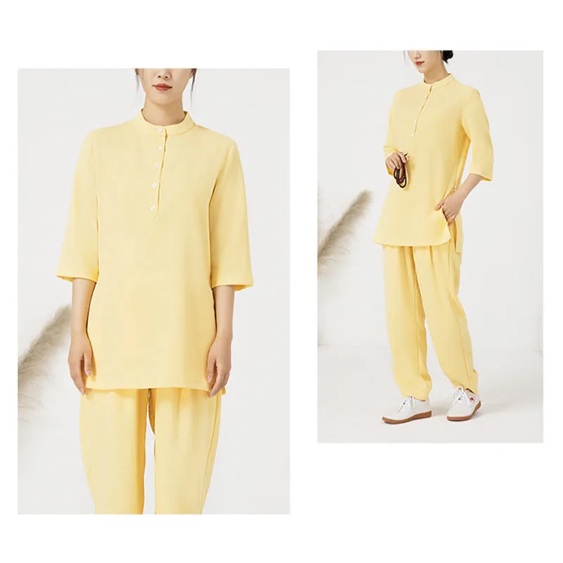 Mythstone 2Pcs Buttons Three Quarter Sleeve Shirt Top Pants Meditation Zen Tai Chi Cotton Linen Clothing Women's Set - Image 10
