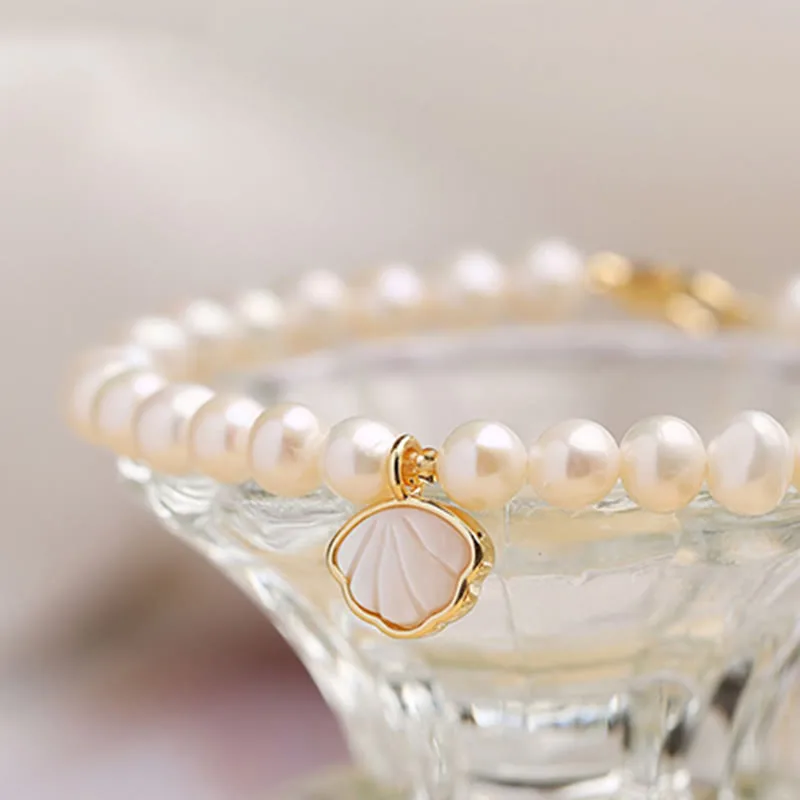 Mythstone 14K Gold Plated Natural Pearl Crystal Shell Charm Bead Bracelet - Image 7