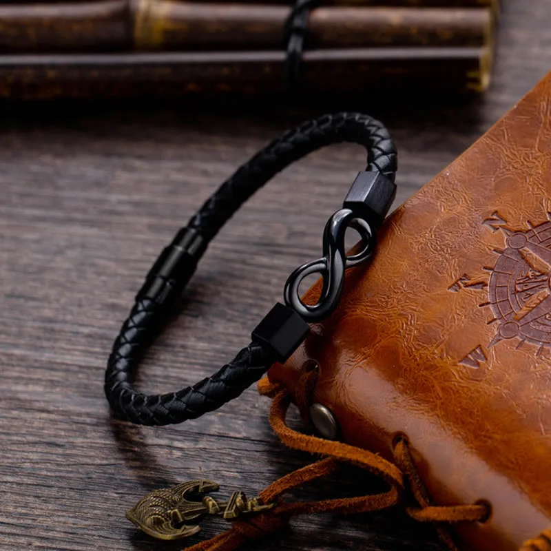 Mythstone Endless Knot Titanium Steel Infinity Leather Weave Balance Bracelet - Image 3