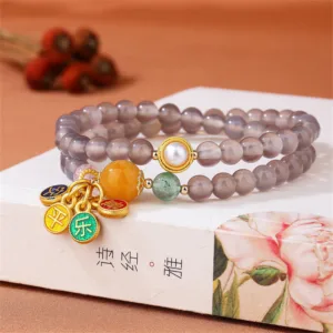 Mythstone Natural Gray Agate Peace And Joy Charm Balance Double Wrap Bracelet
