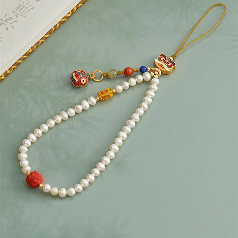 Mythstone Natural Pearl Cinnabar Money Bag Bell Gold Swallowing Beast Dancing Lion Healing Phone Hanging Decoration - Image 7