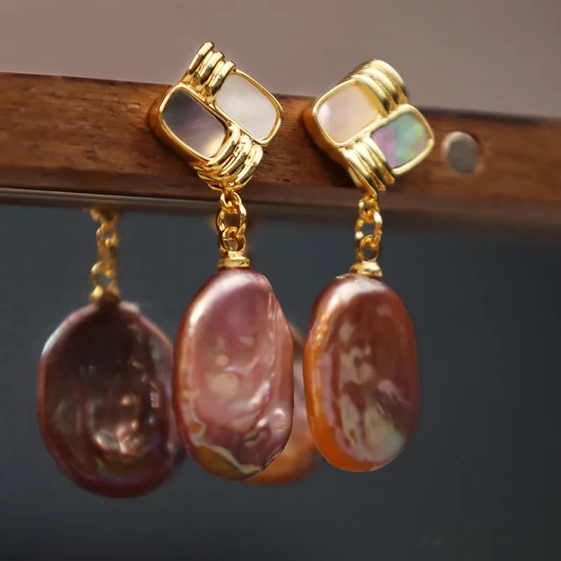 Mythstone 925 Sterling Silver Posts Copper Plated Gold Natural Baroque Pearl Healing Drop Earrings - Image 3