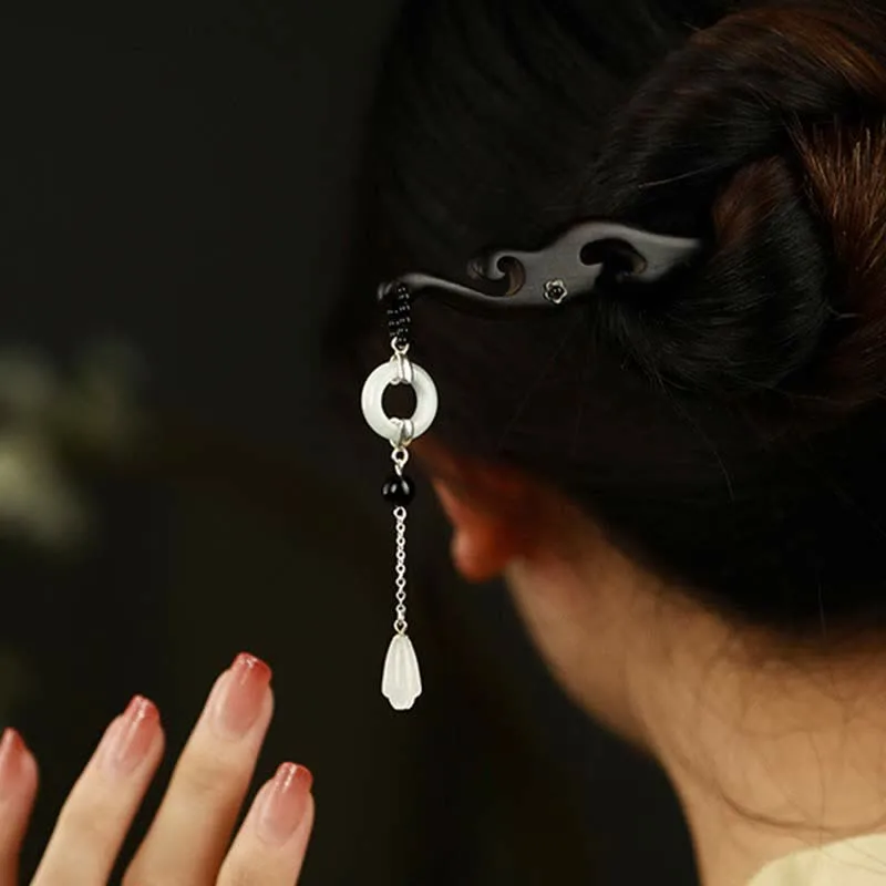 Mythstone 925 Sterling Silver Hetian White Jade Ebony Wood Protection Hairpin - Image 3