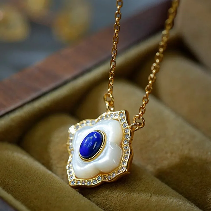 Mythstone 925 Sterling Silver Tridacna Stone Lazurite Prismatic Design Blessing Earrings Necklace Pendant Jewelry Set - Image 2