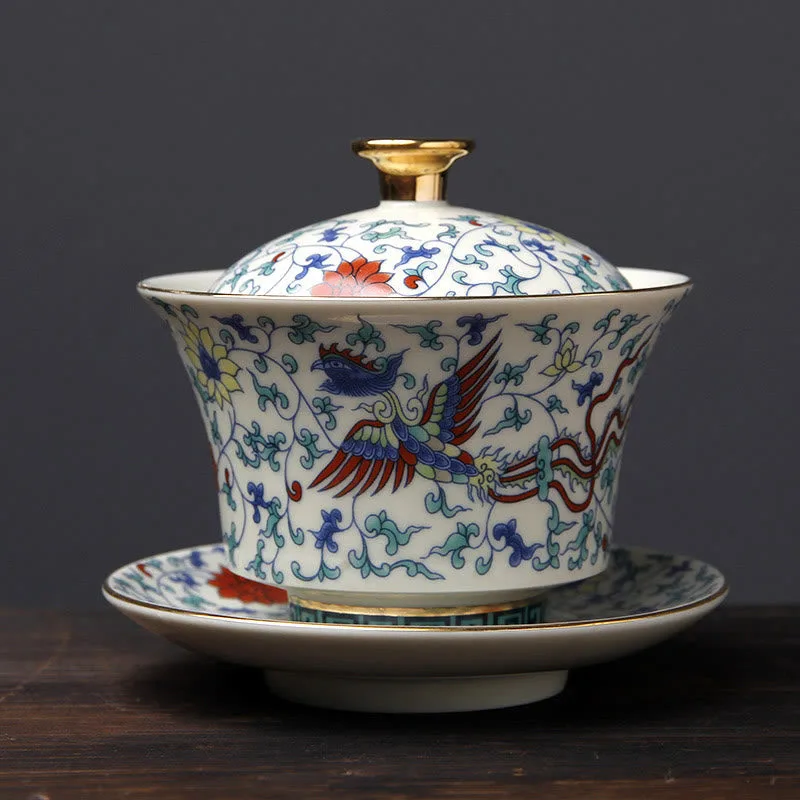 Mythstone Retro Plum Blossom Pine Bamboo Phoenix Kirin Ceramic Gaiwan Sancai Teacup Kung Fu Tea Cup and Saucer with Lid - Image 7