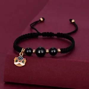 Mythstone Handmade Black Onyx Bead Dancing Lion Fortune Bracelet