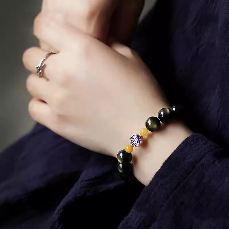 Mythstone 925 Sterling Silver Chinese Zodiac Natal Buddha Natural Gold Sheen Obsidian Amber Wealth Protection Bracelet - Image 11