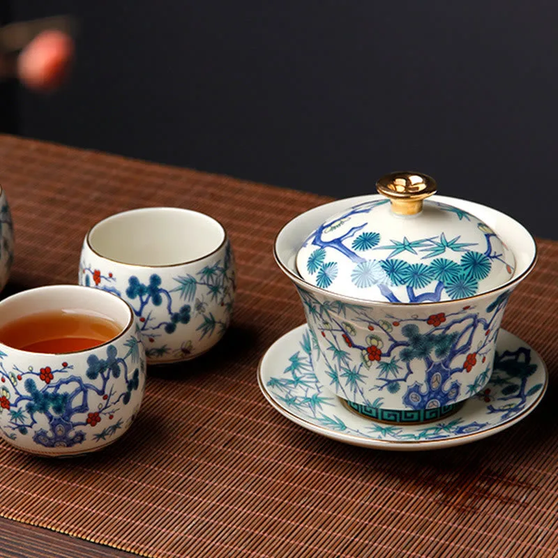 Mythstone Retro Plum Blossom Pine Bamboo Phoenix Kirin Ceramic Gaiwan Sancai Teacup Kung Fu Tea Cup and Saucer with Lid - Image 5