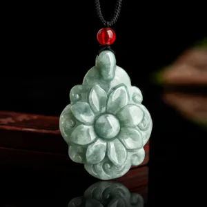 Mythstone Natural Jade Kalanchoe blossfeldiana Flower Pattern Luck Necklace Pendant