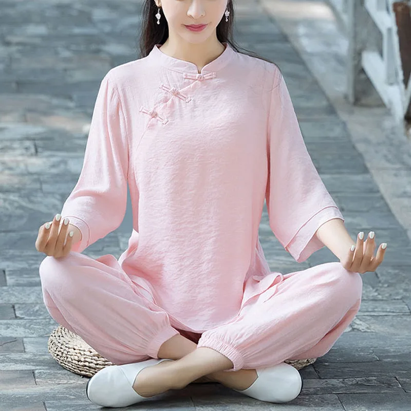 Mythstone 2Pcs Plain Design Top Pants Meditation Yoga Zen Tai Chi Cotton Linen Clothing Women's Set - Image 27