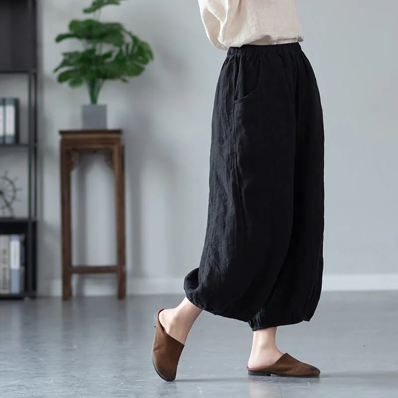 Mythstone Ramie Linen Flexible Waistband Yoga Harem Pants With Pockets - Image 22