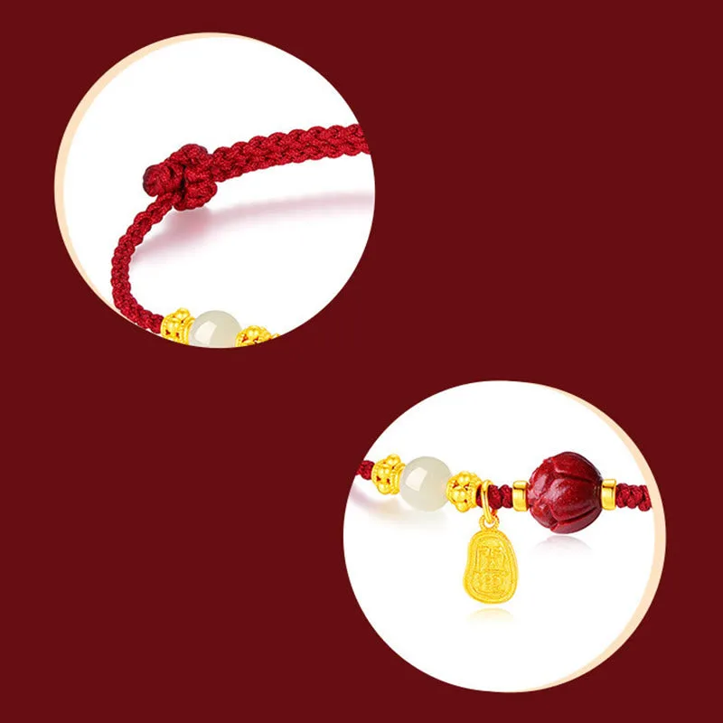 Mythstone 24K Gold Plated Hetian White Jade Cinnabar Lotus Luck Rope Bracelet - Image 4