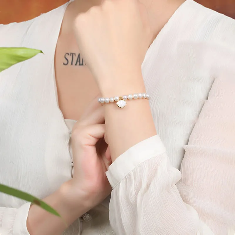 Mythstone 14K Gold Plated Natural Pearl Crystal Shell Charm Bead Bracelet - Image 10