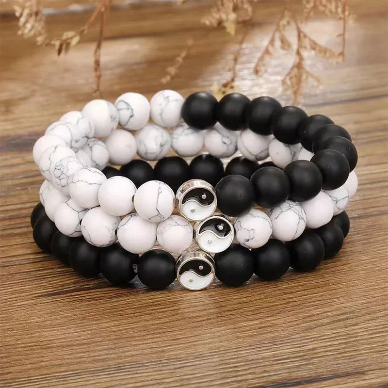 Mythstone 3pcs Natural White Turquoise Frosted Stone Bead Yin Yang Wealth Bracelet - Image 2