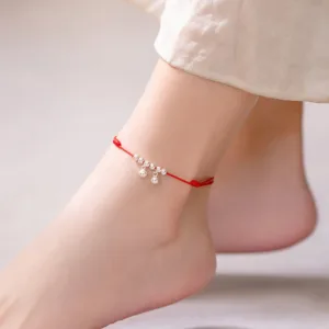 Mythstone 925 Sterling Silver Red String Braid Bell Charm Anklet