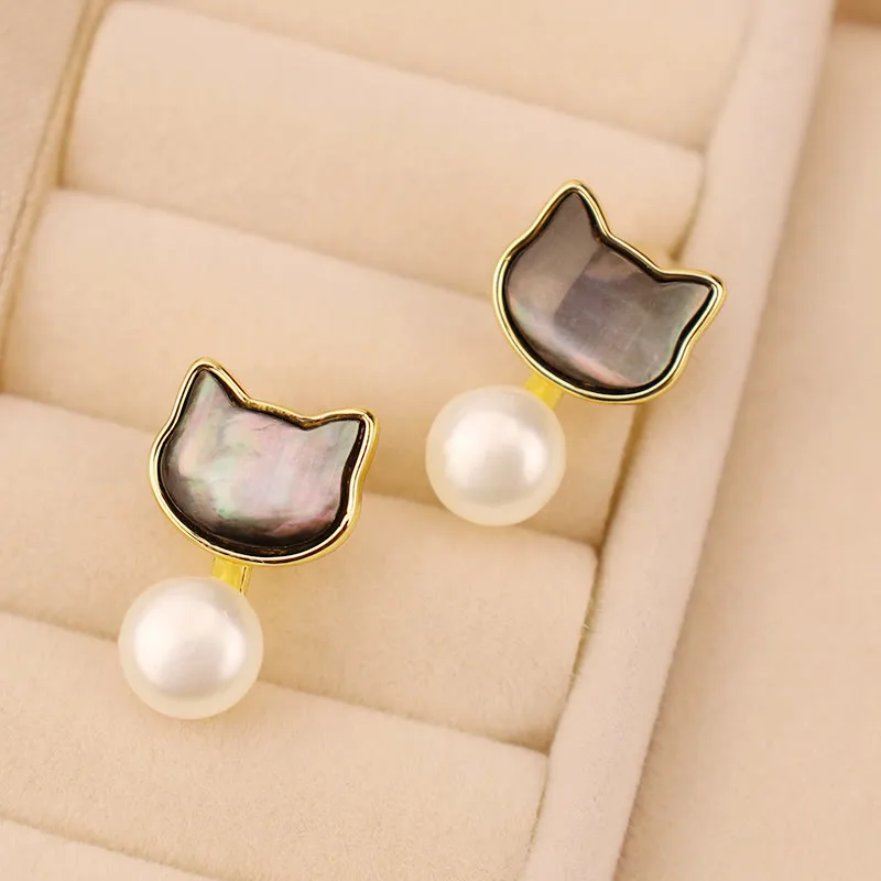 Mythstone 925 Sterling Silver Posts Cute Cat Tridacna Stone Pearl Ring Earrings Necklace Jewelry Set - Image 6