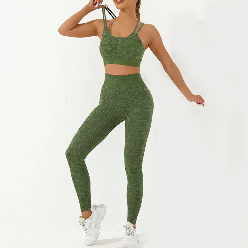 Mythstone 2Pcs Simple Print Crop Tank Bra Long Sleeve Top Leggings Pants Sports Outfits Women's Yoga Sets