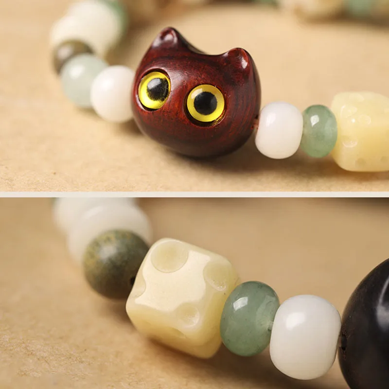 Mythstone Bodhi Seed Green Sandalwood Ebony Wood Small Leaf Red Sandalwood Cat Head Paw Claw Peace Bracelet - Image 9