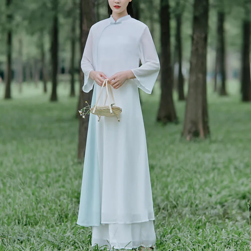 Mythstone Three Quarter Sleeve Chiffon Cheongsam Midi Dress Wide Leg Pants Meditation Zen Practice Clothing - Image 3