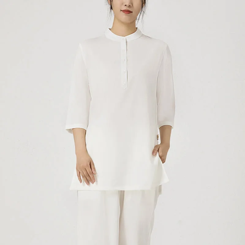 Mythstone 2Pcs Solid Color Three Quarter Shirt Top Pants Meditation Zen Tai Chi Cotton Linen Clothing Women's Set - Image 8