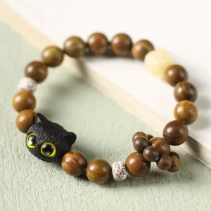 Mythstone Green Sandalwood Ebony Wood Cat Peace Soothing Bracelet