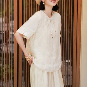Mythstone Ramie Linen Loose Blouse Short Sleeve Shirt Chinese Style Top